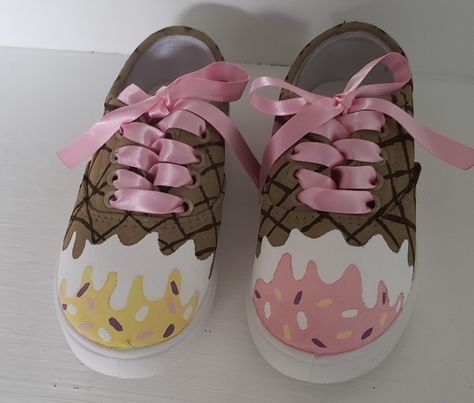 Candy Shoes Diy, Ice Cream Birthday Outfit, Ice Cream Birthday Party Outfit, Ice Cream Party Outfit, Ice Cream Shoes Diy, Candyland Shoes, Ice Cream Outfit, Ice Cream Costume, Ice Cream Dress