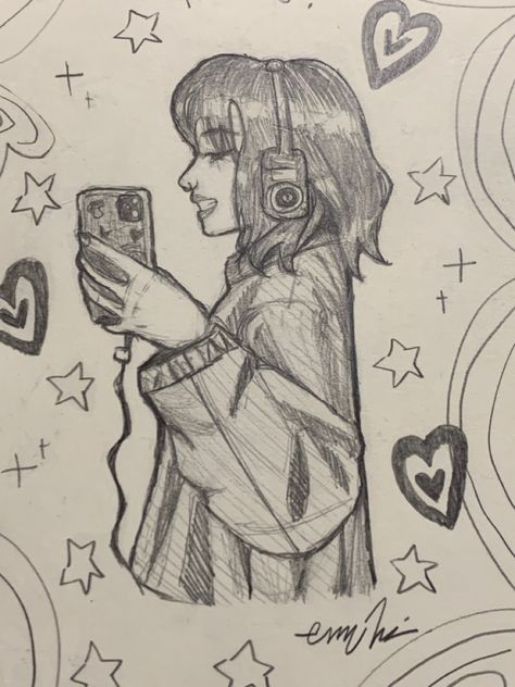 People With Headphones Drawing, Person With Headphones Drawing, Headphones Drawing Reference, Person Listening To Music Drawing, Girl With Headphones Drawing, Earbuds Drawing, How To Draw Headphones, Downtown Drawing, Draw Headphones