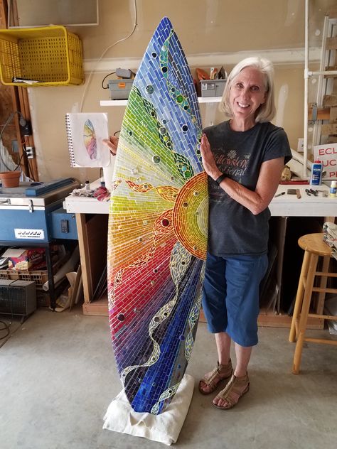 Housewarming gift for my son. Mosaic Surfboard Ideas, Surfboard Mosaic, Mosaic Surfboards, Surfboard Art Design, Surfboard Painting, Mosaic Vase, Surfboard Wall Art, Mosaic Garden Art, Mosaic Art Projects