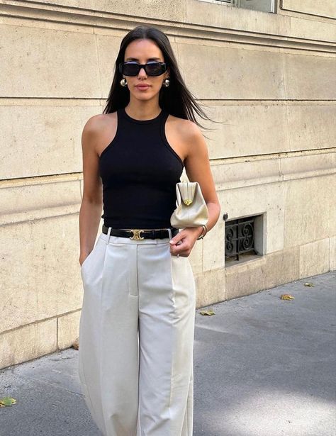 Black Tank Top Outfit Summer, High Waisted Pants With Belt, Black Tank Top Outfit, Cream Pants Outfit, Tailored Pants Outfit, Black Tank Tops Outfit, Beige Pants Outfit, Slacks Outfit, Belt Outfit