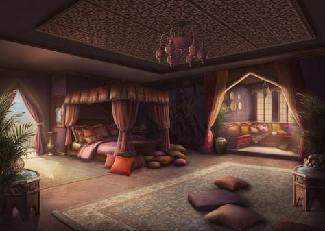 Arabian Bedroom Ideas, Arabian Nights Bedroom, Arabian Bedroom, Hogwarts Bedroom, Middle Eastern Decor, Interior Concept Art, Mansion Bedroom, Royal Bedroom, Castle Bedroom