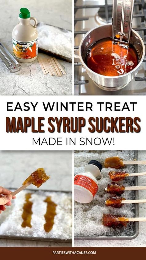 Looking for a tasty winter time activity? Try making this maple syrup candy in the snow! It's so easy and your kids will be amazed at the magic winter treat! Get the recipe along with tips and tricks at PartiesWithACause.com Maple Syrup Snow Candy, Maple Syrup On Snow, Maple Syrup Candy, Homemade Maple Syrup, Maple Candy, Irish Soda Bread Recipe, Time Activity, Winter Fruit, Ice Cream Day