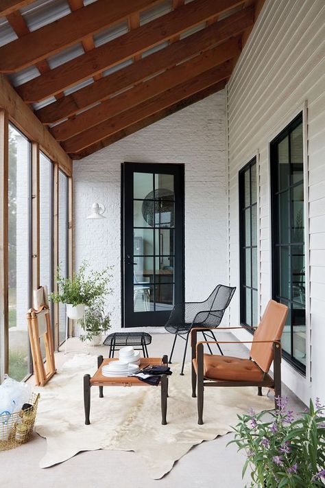 Screened Room Furniture, Screen Porch Seating, Chairs On A Brick Wall, Indoor Sunroom Furniture Modern, Small Barndominium, Shop Barndominium, Building A Porch, Home Improvement Loans, Farmhouse Barndominium