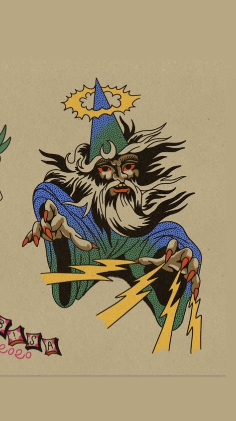 Wizard Tatoos, Traditional Wizard Tattoo, Wizard Tattoo Design, Art Traditional Tattoo, Wizard Illustration, 500 Tattoo, Vintage Tattoo Flash, Wizard Tattoo, Vintage Tattoo Art