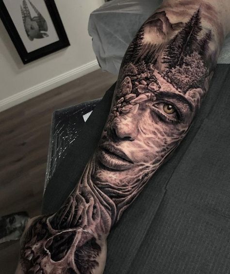 Mother Nature tattoo by Dylan Weber, an artist at Atlnts Studio in Sydney, Australia. Mother Nature Tattoo, Mother Earth Tattoo, Realistisches Tattoo, Face Tattoos For Women, Animal Sleeve Tattoo, Mother Nature Tattoos, Nature Tattoo Sleeve, Realistic Tattoo Sleeve, Girl Face Tattoo