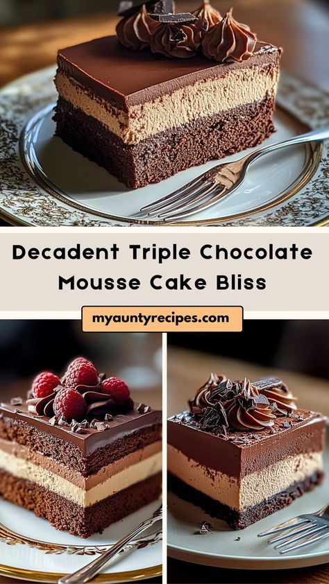 Discover the ultimate chocolate experience with our Heavenly Triple Chocolate Mousse Cake Bliss! This delightful cake boasts three sumptuous layers of dark, milk, and white chocolate mousse, creating a rich and velvety texture that melts in your mouth. Perfectly balanced and elegantly presented, it’s ideal for special occasions or as a luxurious dessert at home. Top it with chocolate shavings or fresh berries for an extra touch of elegance. Indulge in a slice of pure chocolate paradise! Triple Chocolate Mousse, Triple Chocolate Mousse Cake, White Chocolate Mousse, Luxury Cake, Types Of Chocolate, Chocolate Mousse Cake, No Bake Bars, Triple Chocolate, Chocolate Shavings