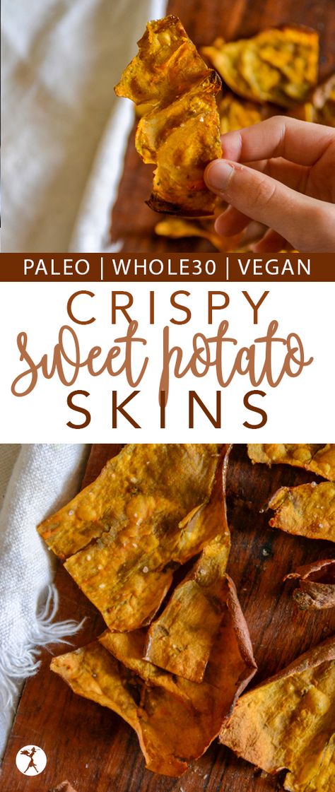 Need a way to use up leftover sweet potato skins? Even if you don't, you'll definitely want to give these crispy sweet potato skins a try! #vegan #paleo #whole30 #dairyfree #glutenfree #sweetpotato #snack Paleo Sweet Potato Recipes, Sweet Potato Skins Recipe, Leftover Sweet Potato, Whole30 Vegan, Whole 30 Snacks, Sweet Potato Skins, Crispy Sweet Potato, Potato Skin, Best Gluten Free Recipes