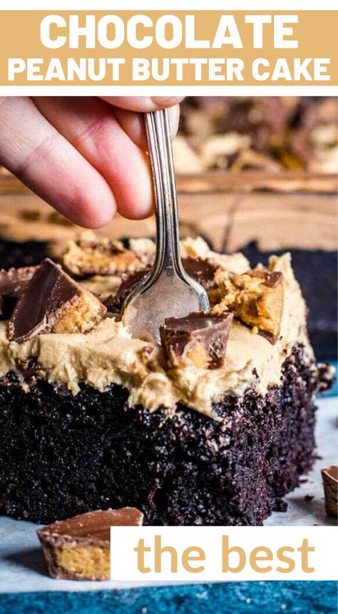 The BEST dessert combination: Chocolate and Peanut Butter! Ultra moist homemade chocolate cake with peanut butter frosting. This 9×13 cake recipe is a classic.   We often get requests for this chocolate peanut butter cake. And we’re happy to oblige because…1.) It’s easy…. and 2.) It’s one of our favorites too! Chocolate Peanut Butter Cake Recipe, Peanut Butter Cake Recipe, Cake Peanut Butter, Hot Fudge Cake, Cake Brownie, Hot Chocolate Fudge, New Year's Desserts, Coconut Dessert, Chocolate Peanut Butter Cake