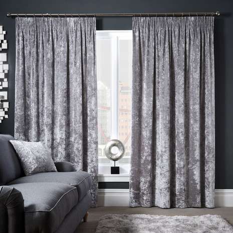 Crafted with a luxurious crushed velour fabric for added texture and style, these silver curtains feature a classic pencil pleat header and are complete with a ... White And Silver Bedroom, Silver Bedroom Decor, Silver Things, Silver Living Room, Silver Curtains, Silver Room, Curtains Living Room Modern, Gold Bedroom Decor, Silver Bedroom