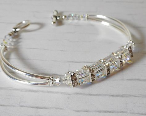 Crystal European Crystals Bracelets Silver Bangles | Etsy Diy Bangle Bracelets, Leather Jewelry Diy, Easy Jewelry, Diy Jewelry Unique, Beautiful Bracelets, Swarovski Beads, Swarovski Crystal Beads, Beaded Bracelets Diy, Swarovski Jewelry