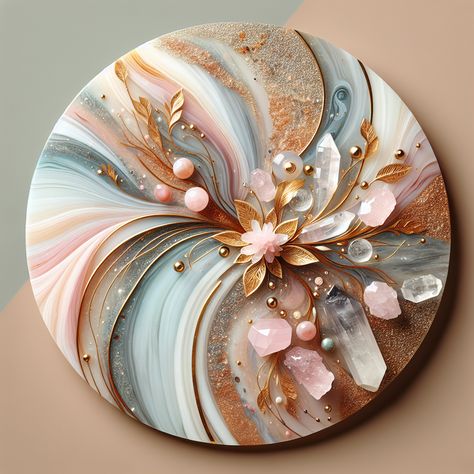 This elegant resin art table is a blend of pastel shades, swirls, and glitter with gold leaf accents. Perfect for the discerning female, it embodies luxury with rose quartz crystals embodying love and healing. A rustic-modern fusion with a glossy finish. #ElegantResinArt #ResinTable #HomeDecor #ArtisticFurniture #FemaleLuxury #GoldLeafAccents Marble Resin Art, Resin Art Table, Resist Art, Ornamental Art, Seni Resin, Marble Resin, Love And Healing, Desain Quilling, Diy Resin Projects