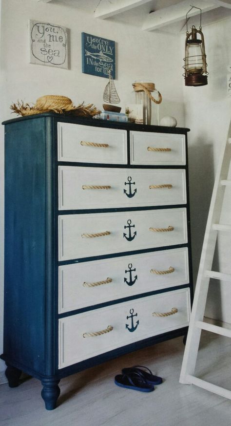 Nautical Dresser, Old Chest Of Drawers, Diy Nautical Decor, Nautical Furniture, Nautical Room, Nautical Bedroom, Beach Furniture, Nautical Diy, Old Chest