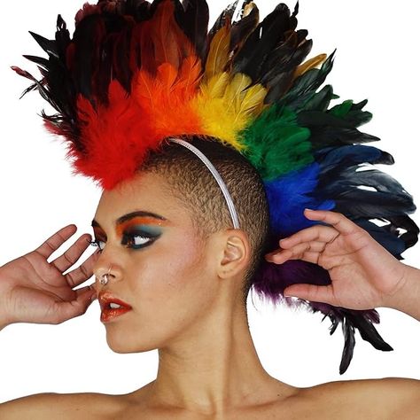 Amazon.com: ZUCKER Feather Mohawk Headdress - Feather Headpiece, Carnival Headdress, Mardi Gras Headdress, Showgirl Feather Headpiece, Costume Accessories - Rainbow Coque : Clothing, Shoes & Jewelry Natural Mohawk, Feather Mohawk, Rainbow Costume, Carnival Headdress, Rainbow Costumes, Rainbow Feather, Feather Headpiece, Party Hair Accessories, Feather Headdress