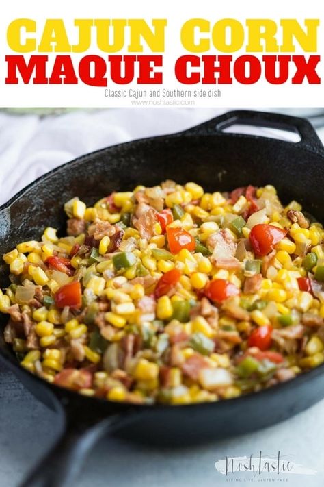 Corn Maque Choux is a classic Southern side dish that hails from Louisiana. It's thought to be creole in origin, this version is made with corn, bacon, bell pepper, onions and green onions | www.noshtastic.com | #cornmaquechoux #maquechoux #southernfood #southernrecipes #creole #creolerecipes #glutenfree #noshtastic #glutenfreerecipe Corn Maque Choux Recipe, Maque Choux Recipe, Southern Side Dishes, Cajun Dishes, Mardi Gras Food, Gluten Free Sides, Southern Dishes, Creole Recipes, Vegetable Side