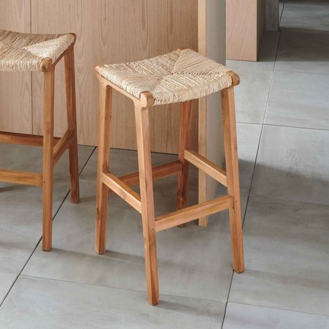 Union Rustic Jaremiah Bar Stool | Wayfair Boho Stool, Dubai Apartment, Woven Bar Stools, Banana Bark, Utah House, Bar Stool Wood, Boho Bar, Island Stools, Bali House