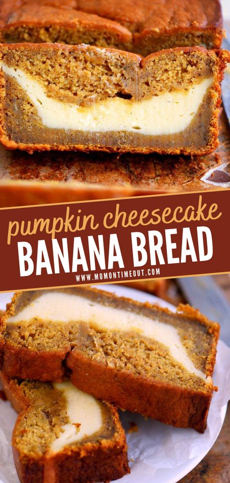 Cheesecake Banana Bread, Cheesecake Banana, Bake Banana, Cheesecake Easy, Pumpkin Banana Bread, Pudding Cheesecake, Banana Pudding Cheesecake, Banana Cheesecake, Amazing Breakfast