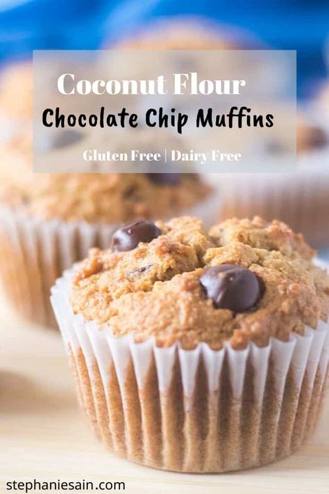 These Coconut Flour Chocolate Chip muffins are healthy, moist, tender muffins loaded with chocolate chips. Perfect for a grab & go breakfast or snack. #Gluten Free#Dairy Free #healthysweettreats Paleo Chocolate Chip Muffins, Gluten Free Chocolate Chip Muffins, Gluten Free Dairy Free Muffins, Coconut Flour Muffins, Low Carb Pancake Recipe, Keto Bread Recipes, Keto Bread Recipe, 90 Second Keto Bread, Coconut Flour Bread