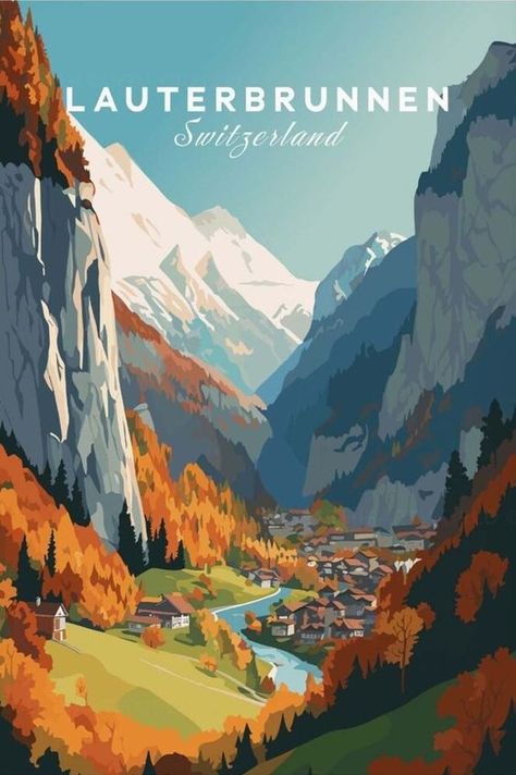 Lungern Switzerland, Switzerland City, Lakeside House, Lauterbrunnen Switzerland, Wanderlust Decor, Vintage Ski Posters, Switzerland Cities, Train Posters, Travel Collage