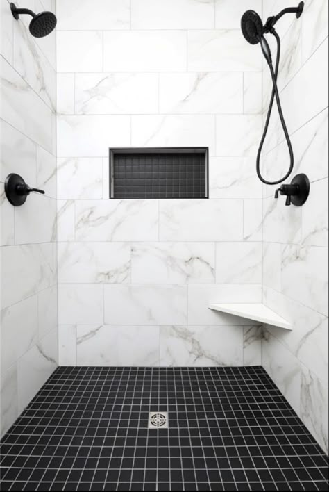 Master Shower Black Fixtures, Master Shower Black And White, Matte Black Bathroom Shower Fixtures, Black Tile Shower Lowe's, White Subway Tile Shower With Black Hexagon Floor, Bathroom Natural, Restroom Ideas, Small Full Bathroom, Bathroom Design Small Modern