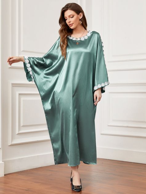 Satin Kaftan Dress, Kaftan Hijab, Satin Kaftan, Mint Green Fabric, Satin Kimono, Silk Kaftan, Straight Dress, Long Tunic, Muslimah Fashion