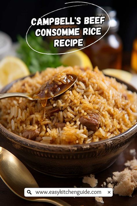 Looking for an easy dinner idea? Check out this delicious and comforting Campbell's beef consomme rice recipe. Ready in just 20 minutes! Recipes Using Beef Consomme, Rice With Beef Consommé, Beef Flavored Rice Recipes, Consume Rice Recipe, Rice Consomme Recipe, Consommé Rice, Flavored Rice In Rice Cooker, Beef Consomme Rice Recipe, Beef Consomme Rice