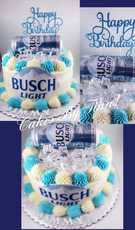 Busch light birthday cake! Busch Beer Cake, Busch Light Birthday Cake, Bush Light Cake, Busch Light Themed Party, Busch Light Cake, Light Birthday Cake, Bud Light Cake, 60th Birthday Cupcakes, 50th Birthday Party Gifts