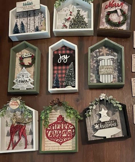 House Shaped Shadow Box Ideas, High End Crafts To Sell, Upcycle Christmas Crafts, Dollar Tree Wooden Houses Craft, Dollar Tree Wooden Houses, Diy Christmas Shadow Box Ideas, Shadow Box Christmas Ideas, Christmas Shadow Boxes Diy, Christmas Shadow Box Ideas