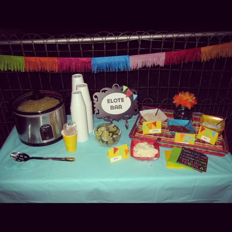 Elote Bar for Grandpa's 80th Birthday Fiesta. Display created by Melissa Martinez. Elote Table Set Up, Elote Party Station, Diy Elote Bar, Elote Bar Party Ideas, Elote Bar Set Up, Elote Station Party, Elote Bar, Mexican Theme Baby Shower, Coco Birthday