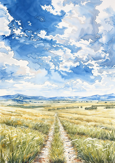 Wander down a path through golden fields beneath a vast and expressive sky in this inviting watercolor landscape. Sky Pictures Drawing, Two Paths Illustration, Sky Art Painting Watercolor, Watercolor Paintings Landscape Beautiful, Watercolor Art Sky, Watercolor Illustration Landscape, Watercolour Sky, Path Painting, Watercolor Field