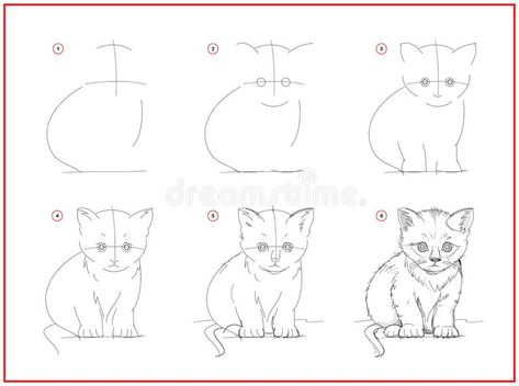 Page shows how to learn to draw sketch of cute little kitten. Creation step by step pencil drawing. Educational page for artists. Textbook for developing royalty free illustration Draw Kitten Step By Step, Landscaping Drawing Ideas, How To Sketch A Cat Step By Step, Learning To Sketch Step By Step, Kitten Drawing Tutorial, Kitten Sketch Simple, Cute Cat Drawing Step By Step, How Do You Draw A Cat, Cats How To Draw