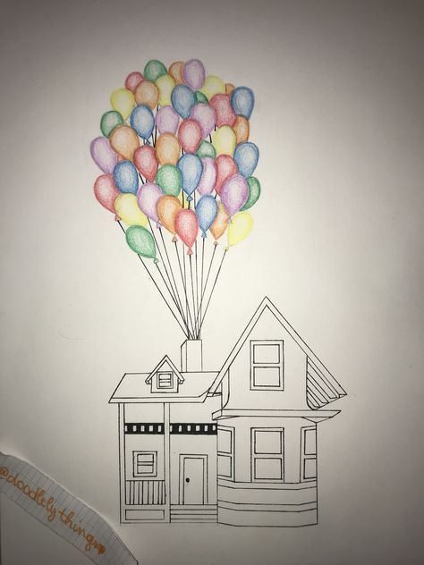 Simple drawing and beautefull coloring❤️🧡💛💚💙💜 House With Balloons Drawing, Up Movie Drawing House, Up House Drawing Easy, House Drawing Tutorial, Up House Drawing, Ballon Drawing, Up House With Balloons, Simple House Drawing, Easy Halloween Drawings