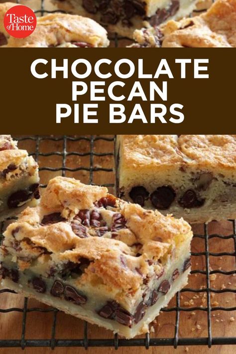 Chocolate Pecan Pie Bars, Potluck Desserts, Pecan Bars, Chocolate Pecan Pie, Pecan Pie Bars, Homemade Pastries, Pie Bars, Chocolate Pecan, Pie Bar