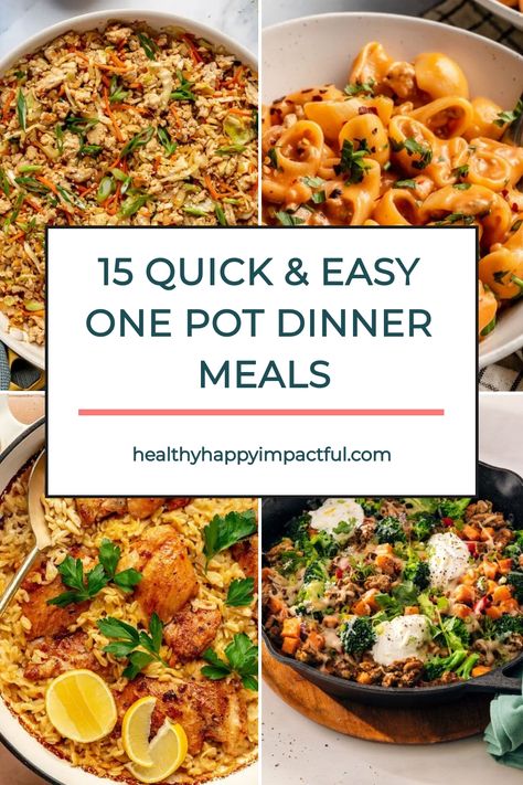 Collage of quick and easy one pot dinner meals with various dishes, accompanied by a website link at the bottom. One Pot Chicken Meals, Pot Pasta Recipes, One Pot Chicken And Rice, Crockpot Dinners Healthy, Pizza Pasta Bake, Crispy Chicken Thighs, Chicken Green Beans, Sweet Potato Skillet, Dinner Games