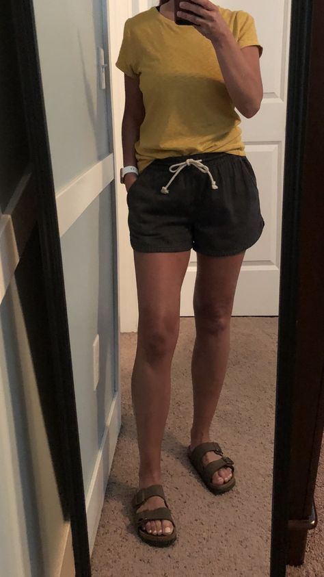 Mustard Yellow Top, Birkenstock Sandals Outfit, Sandals Outfit, Birkenstock Sandals, Yellow Top, Grey Shorts, Sandals Summer, Teen Fashion Outfits, Chambray