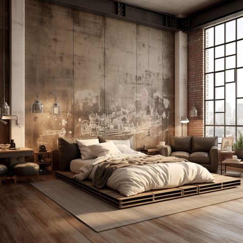 Industrial Bedrooms, Urban Industrial Bedroom, Loft Apartment Bedroom, New York Bedroom, Brick Living Room, Industrial Bedroom Design, Mens Bedroom Decor, Cottagecore Living, Modern Industrial Interior