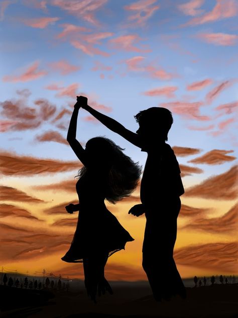 a teenage couple silhouette dancing in a beautiful golden sunset setting Couple Dancing Drawing, Dancing Silhouette, Sun Silhouette, Dancing Drawing, Yellow Board, Couple Shadow, Canvas Art Painting Abstract, Shadow Painting, Dance Together