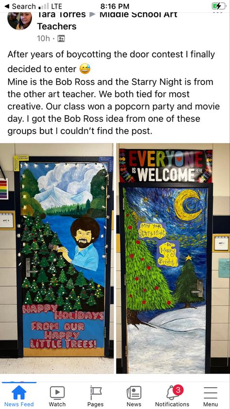 Class Christmas Door Decorating Contest, Classroom Door Displays Christmas, Art Room Christmas Door, Bob Ross Bulletin Board, Art Room Door Decoration, Art Classroom Door Ideas, Art Teacher Door, Art Classroom Door, Holiday Classroom Doors