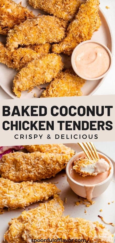 Easy Baked Coconut Chicken Tenders are crispy and delicious! They come together easily and taste great dipped into a simple sriracha dipping sauce. Try them baked or cook them in the air fryer too. Crunchy Baked Chicken, Sriracha Dipping Sauce, Easy Appetizers For A Party, Paleo Coconut Chicken, Appetizers For A Party, Coconut Chicken Tenders, Sweet Chili Dipping Sauce, Baked Coconut, Memorial Day Party