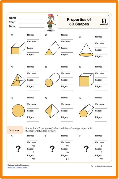 Explore the engaging activity focusing on the properties of 3D shapes. Students will identify and record the vertices, faces, and edges of different 3D shapes displayed in images. This educational resource promotes spatial reasoning skills in a fun and interactive way. Year 9 Maths Worksheets, Ks3 Maths Worksheets, Year 8 Maths Worksheets, Ks1 Maths Worksheets, Year 6 Maths Worksheets, Year 2 Maths Worksheets, Year 5 Maths Worksheets, Year 7 Maths Worksheets, Year 4 Maths Worksheets