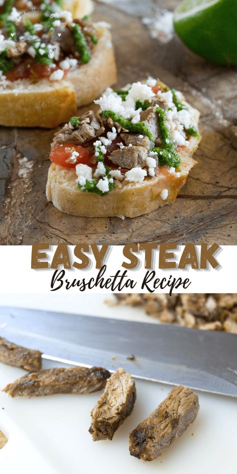 Easy Steak Bruschetta Recipe - DINE DREAM DISCOVER Onion Bruschetta, Steak Bruschetta, Crostini Toppings, Cheese Spinach, Easy Steak, Bruschetta Recipe, Chimichurri Sauce, Marinated Steak, Finger Food Appetizers