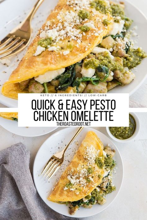 Pesto Chicken Omelette Recipe made with 6 ingredients. A delicious low-carb, keto breakfast recipe! #lowcarb #keto #breakfast #chicken #omelette #omeletterecipe #brunch #paleo #primal #healthy Chicken Omelette, Omelette With Spinach, Omlet Recipes, Breakfast Chicken, Omelette Recipe Easy, Delicious Healthy Breakfast, Healthy High Protein Breakfast, Pesto Spinach, Homemade Pesto Sauce