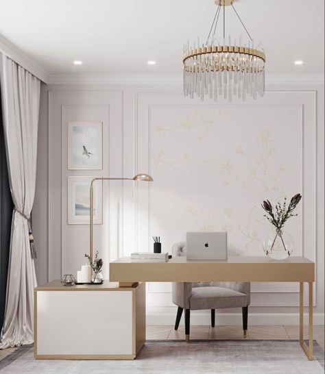 Beige And White Office, All White Office, White Office Design, Modern White Office, Livingrooms Design, Gold Home Office, Office Chandelier, Office Beige, Home Office Furniture Design