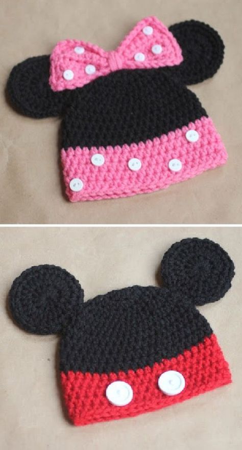 Crochet Minnie Mouse Hat, Crochet Hat Size Chart, Crochet Mickey Mouse, Crochet Hat Sizing, Crochet Hat Patterns, Crochet Character Hats, Disney Crochet Patterns, Crochet Baby Hat Patterns, Baby Crochet Patterns Free