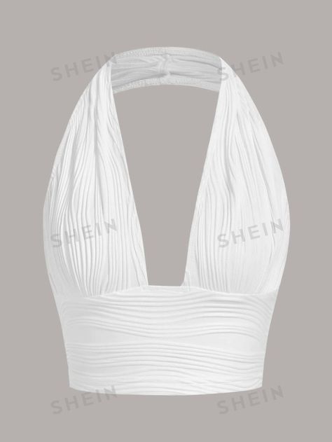 SHEIN ICON Solid Backless Crop Halter Y2k Top | SHEIN USA Womens Halter Tops, Shein Tops, Halter Crop Top, Tank Top Cami, Fit N Flare Dress, Crop Tops Women, Halter Top, Fit & Flare, Trending Accessories