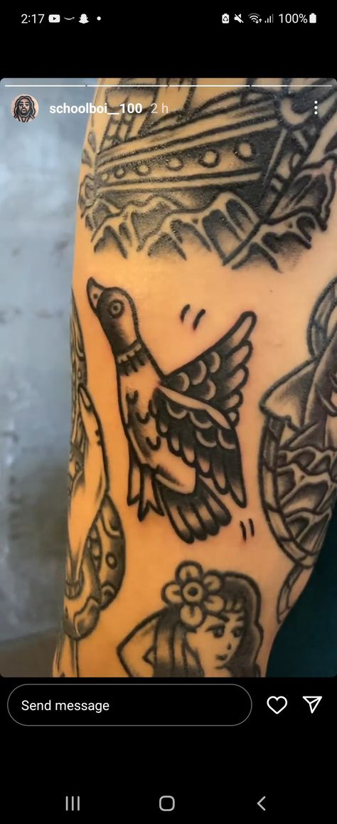 Block Of Cheese Tattoo, Black And Grey American Traditional Tattoo, Traditional Duck Tattoo, Black And Grey American Traditional, Black And Grey Traditional Tattoo, Duck Tattoos, American Traditional Tattoo, American Traditional, Old School Tattoo