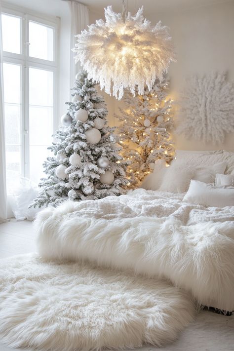 A cozy Christmas bedroom featuring a white fur rug, fluffy pillows on a large bed, and a decorated Christmas tree in the background. White Christmas Bedroom Ideas, Winter Room Aesthetic, Snowy Christmas Decor, Winter Wonderland Bedroom, Cozy Christmas Bedroom Aesthetic, Cozy White Christmas, White Christmas Bedroom, White Christmas Aesthetic, Christmas Bedroom Aesthetic