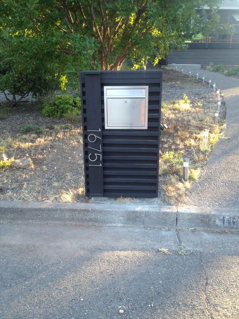 The mailbox I built! Built In Mailbox Ideas, Mailbox With Package Storage, Modern Parcel Mailbox Ideas, Modern Mailbox Ideas, Contemporary Mailboxes Brick, Brick Mailbox With Package Drop, Modern Mailbox Diy, Cool Wood Mailbox, Landscape Design Diy