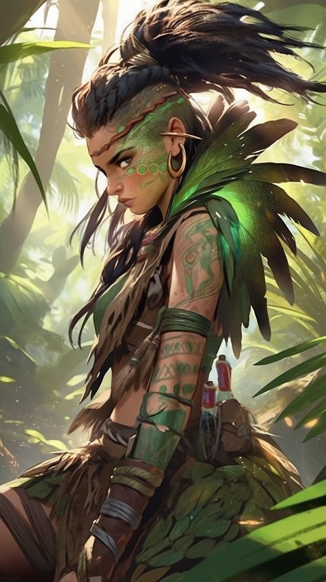 Character art created with Midjourney Ai #Artwork #Character #Fantasy #anime Female Druid Art, Druid Character Art, Female Druid, Jungle Warrior, Druid Dnd, Jungle Warriors, Steampunk Characters, Warrior Women, Female Human