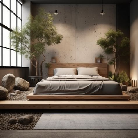 Wabi Sabi Beds, Zen Modern Bedroom, Modern Earthy Bedroom Decor, Zen Home Decor Japanese Style, Low Modern Bed, Wabi Sabi Indoor Plants, Zen Japanese Bedroom, Bedroom Zen Style, Wabi Sabi Interior Design Bedrooms