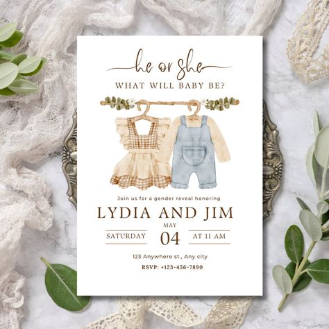 Baby Clothes Gender Reveal Invitation, Boho Baby Invitation Gender Reveal Invitation Ideas, Baby Invitations, Gender Reveal Invitations, Invitation Ideas, Boho Baby, Baby Clothes Shops, Gender Reveal, Invitation Zazzle, Baby Clothes